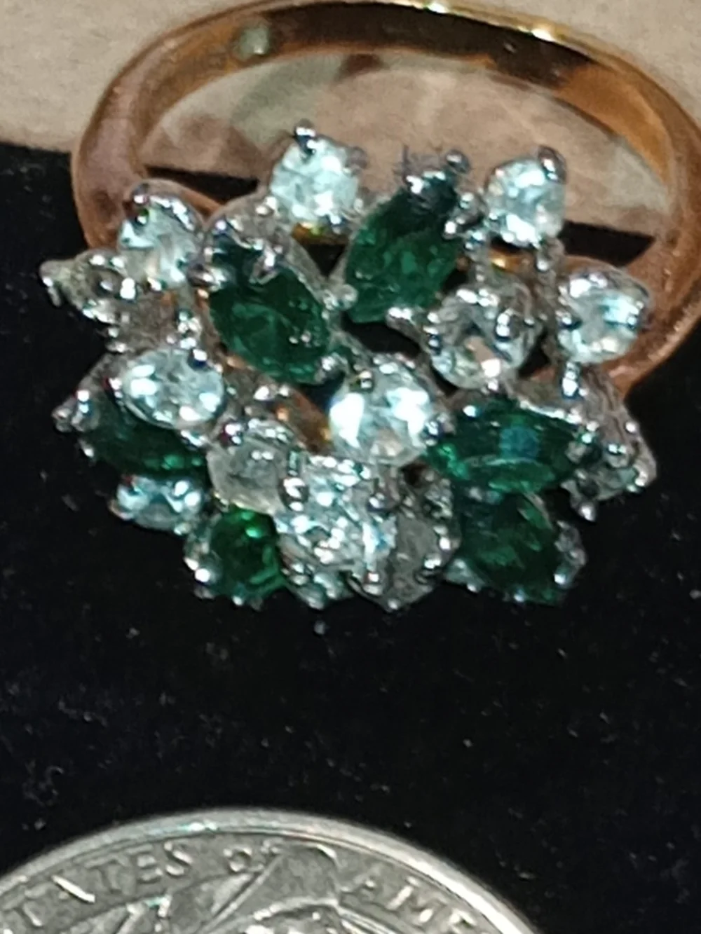 Vintage Emerald and Clear Cluster Cocktail Ring - Women Jewelry 18k HGE